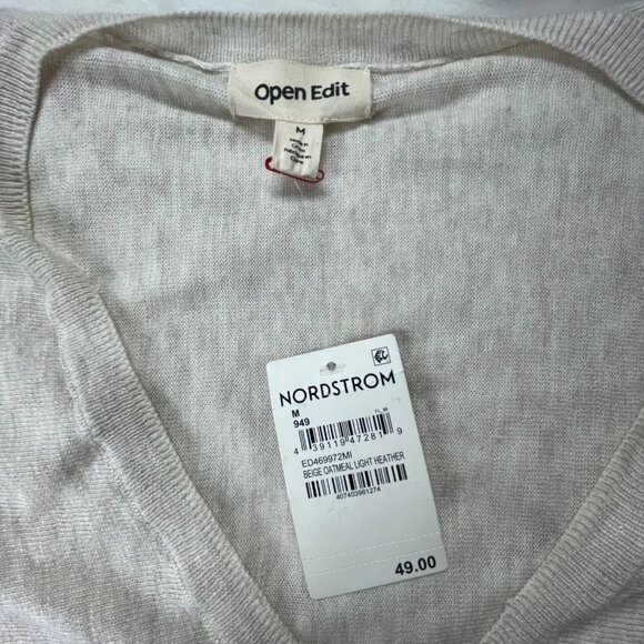 Open Edit Beige Oatmeal Light Heather V-Neck Sweater Womens M Sheer - Picture 3 of 7